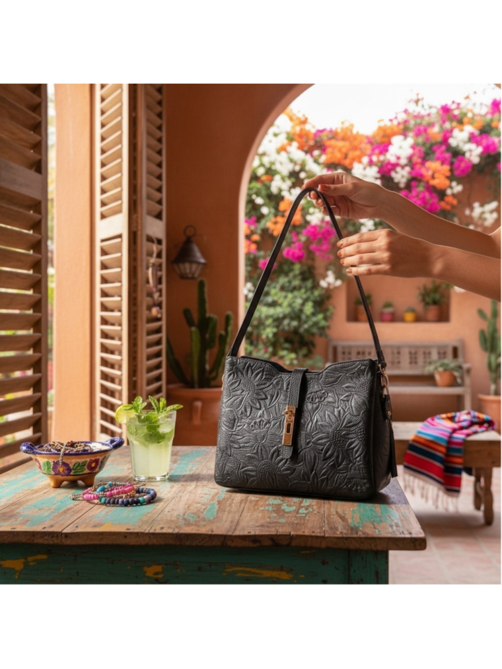 2 Straps BLACK Embossed Tooled Artisan LEATHER Crossbody Shoulder Bag